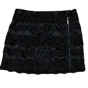 Satin Floral Lace & Embroidered Mini Skirt Full Front Exposed Zipper